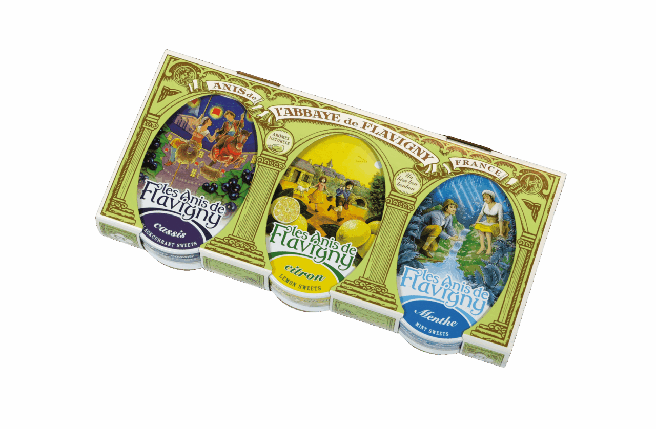 Les Anis de Flavigny - Fourreau 3 boites ovales Cassis, Citron et Menthe